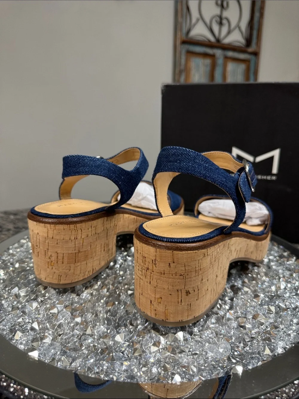 Marc Fisher Quessa Blue Denim Cork Platform Sandal NEW 9